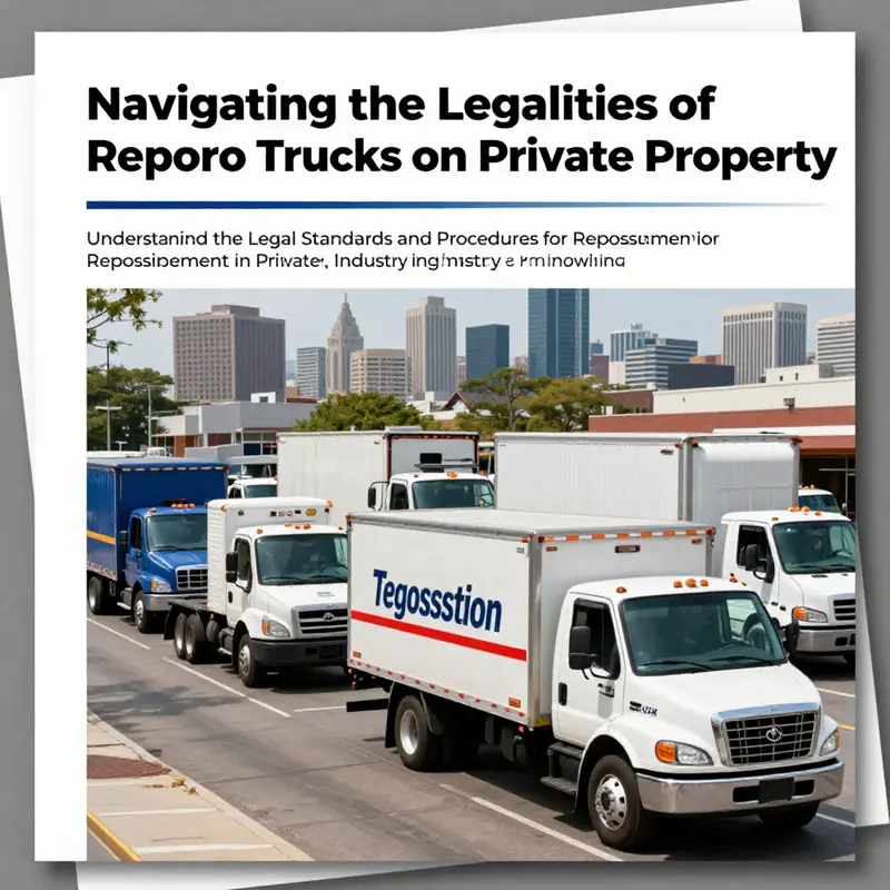 An overview of various repo trucks in an urban environment, with implications of legal documents showcasing the article's focus on repossession laws.