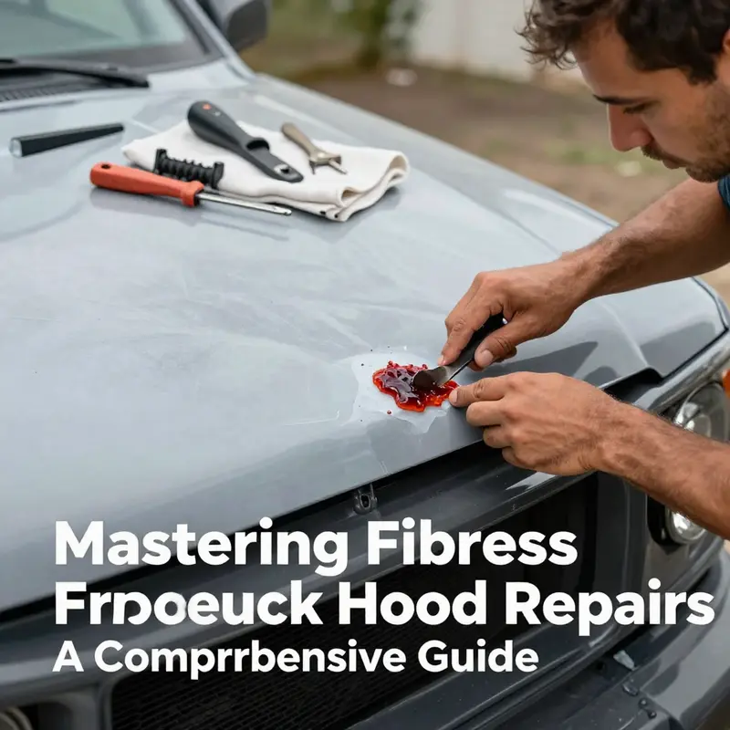A technician applying resin to a cracked fiberglass truck hood, demonstrating DIY repair techniques.