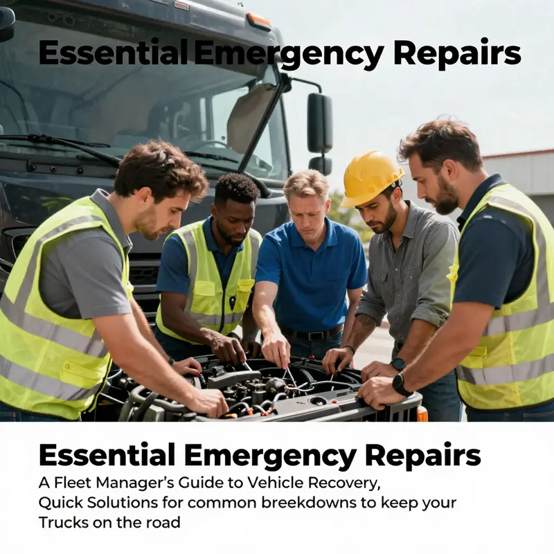 A group of fleet managers and truck operators engaged in a discussion about emergency repairs surrounding a truck engine.
