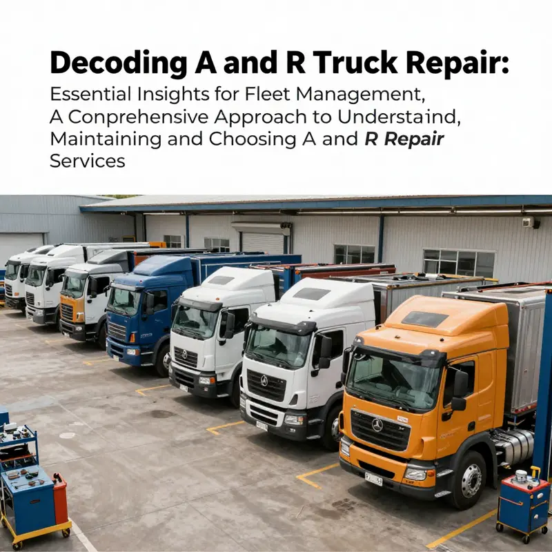 A fleet of heavy-duty trucks at a repair facility with technicians engaged in servicing.