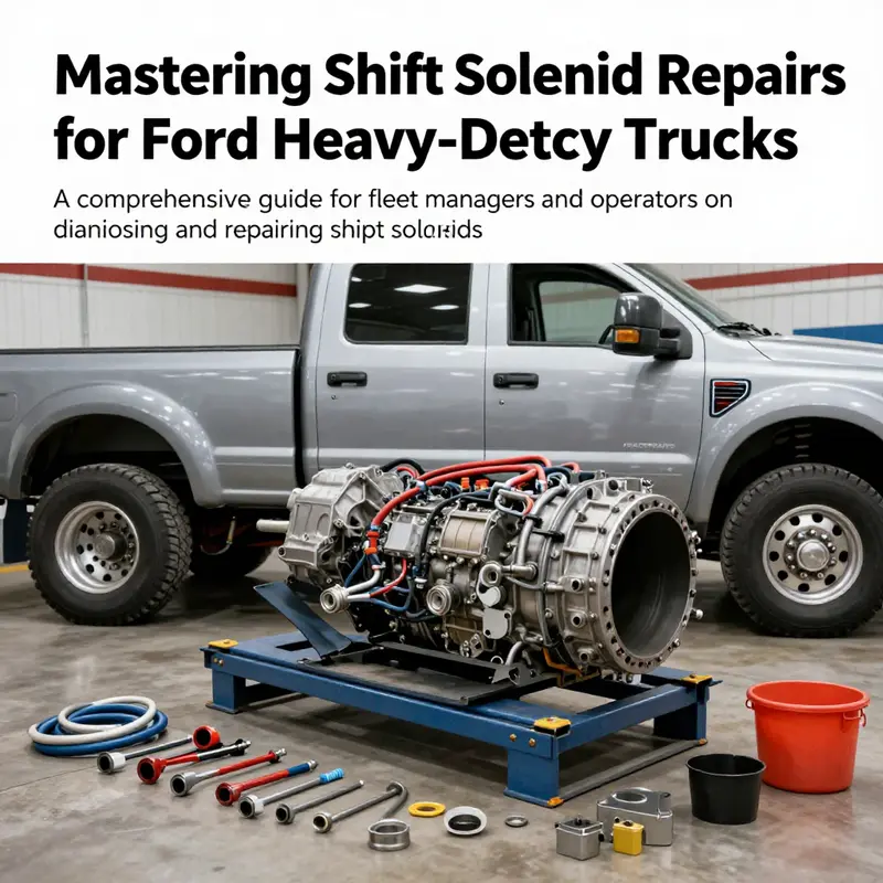 A Ford heavy-duty truck positioned for shift solenoid repair, highlighting the transmission area.