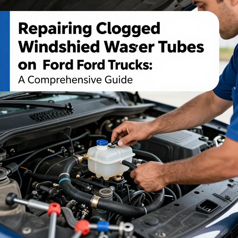 Technician inspecting a Ford truck’s windshield washer system for common issues like clogs or leaks.