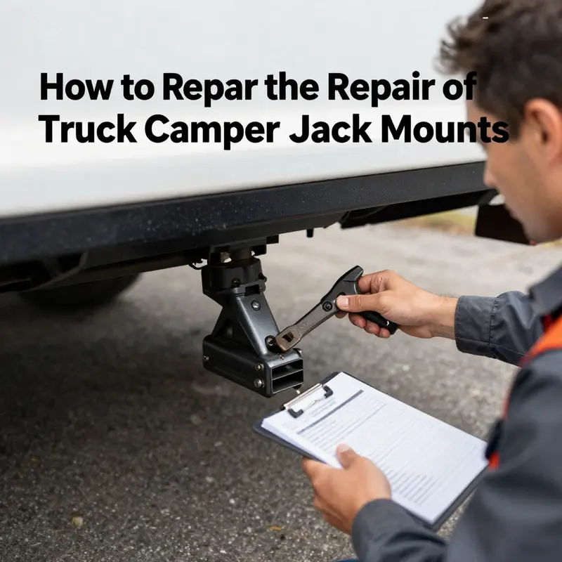 Mechanic assessing damage to a truck camper jack mount for safety and structural integrity.