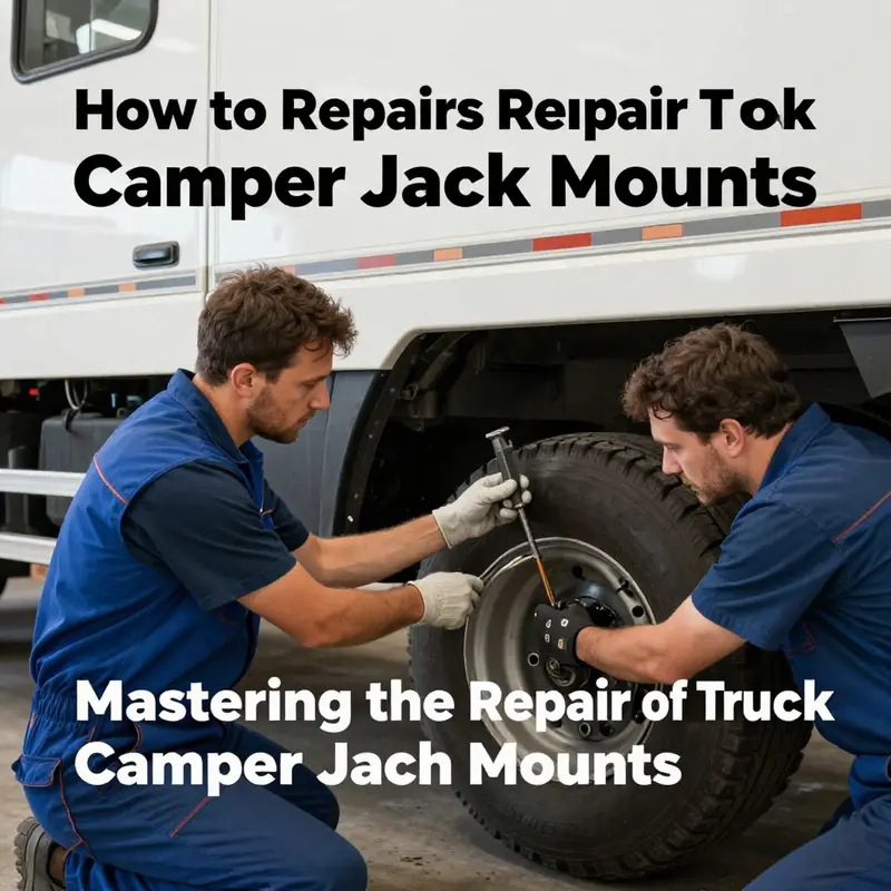 Mechanic assessing damage to a truck camper jack mount for safety and structural integrity.