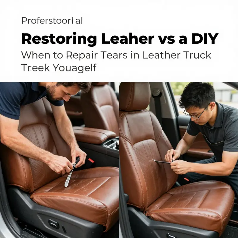 An evaluation of a torn leather truck seat showcases damage that requires careful assessment for effective repair.