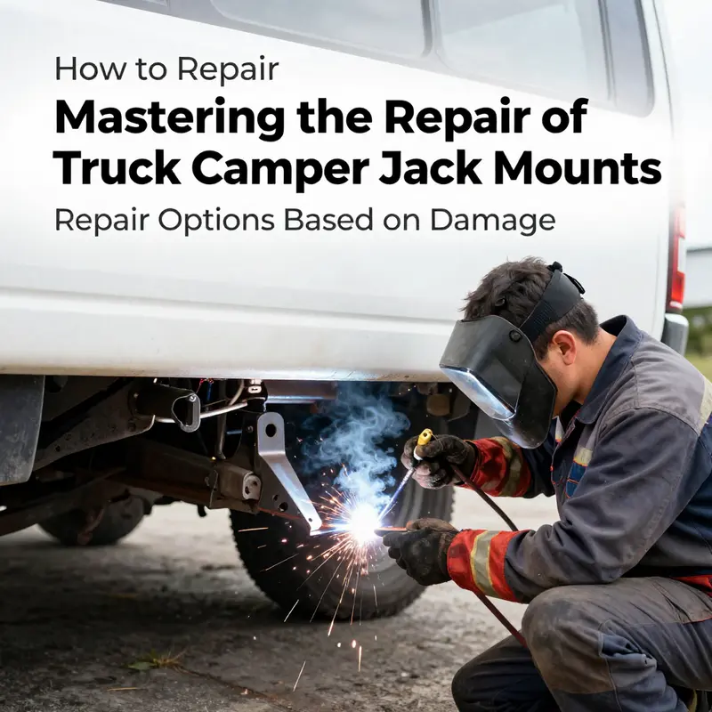 Mechanic assessing damage to a truck camper jack mount for safety and structural integrity.