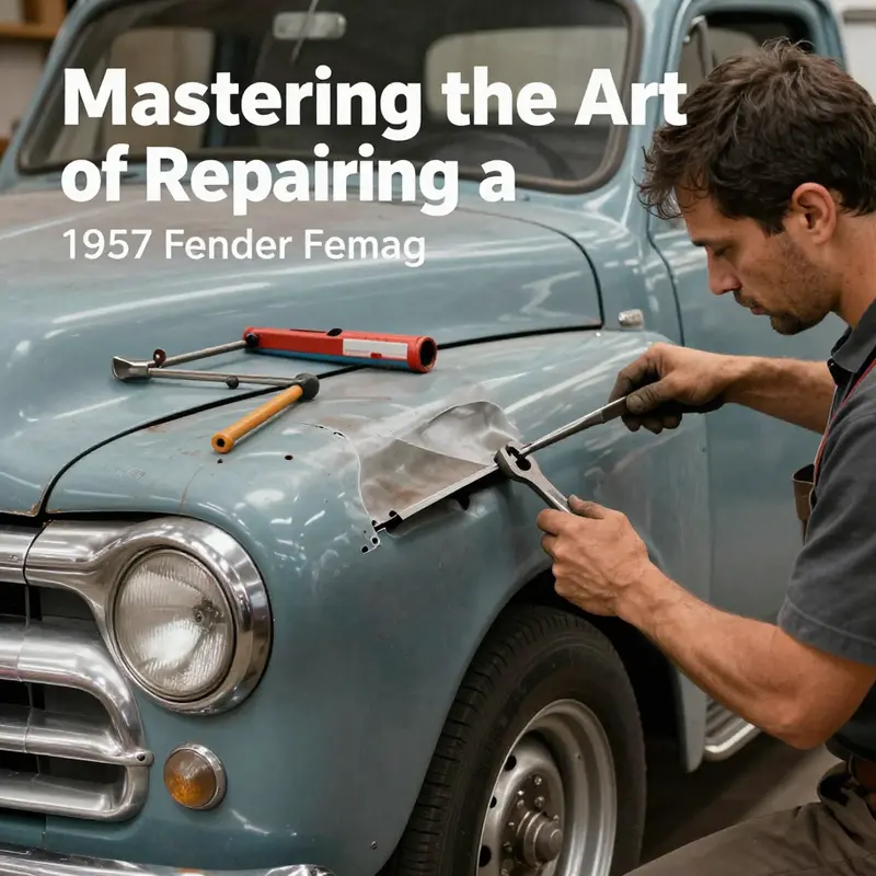 Evaluating rust and damage on a classic 1957 truck fender.