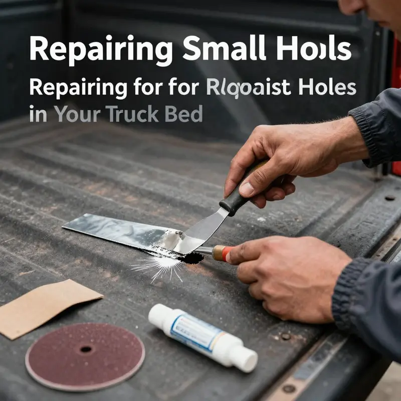 Mechanic demonstrating the process of patching small holes in a truck bed.