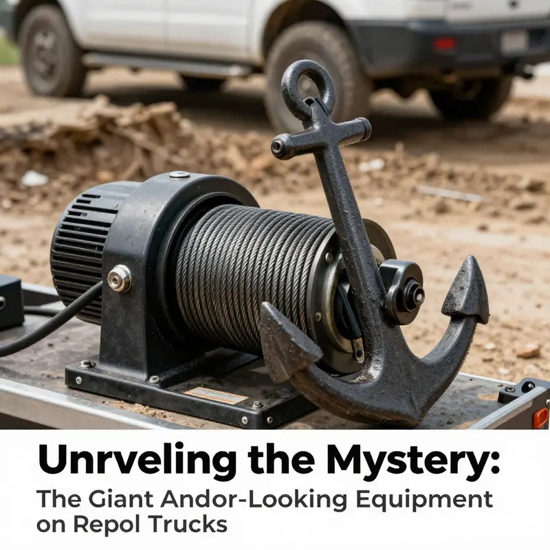 Close-up view of the heavy-duty winch on a repo truck, designed for effective vehicle recovery.