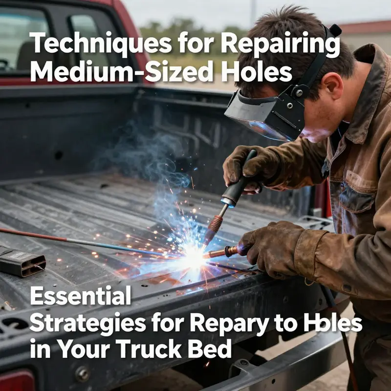 Mechanic demonstrating the process of patching small holes in a truck bed.