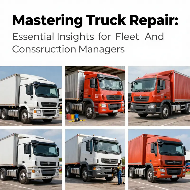 Collage of trucks being repaired in a workshop, adhering to safety measures.