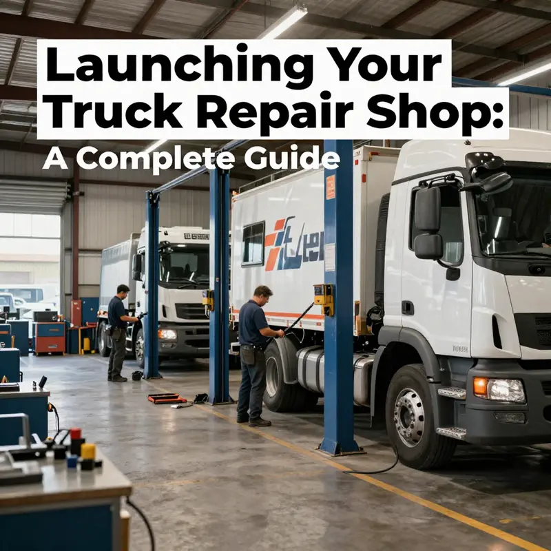 A vibrant truck repair shop with technicians working on multiple trucks and advanced repair tools.
