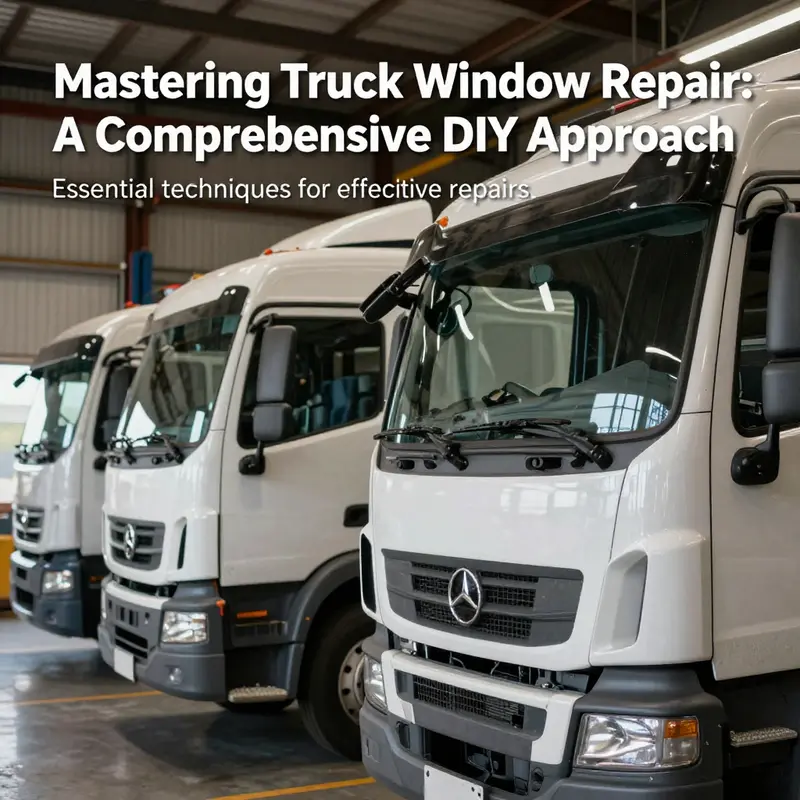 Fleet of trucks in a maintenance shop focused on window repair processes.