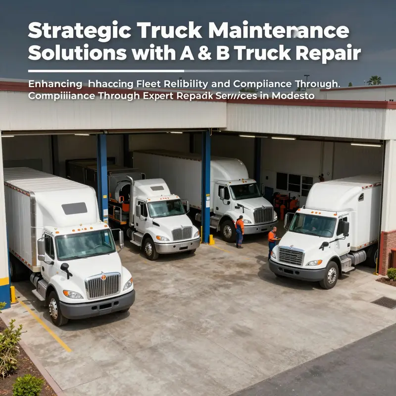 Photo-realistic image of the A & B Truck Repair facility with several trucks being serviced by technicians during daytime.