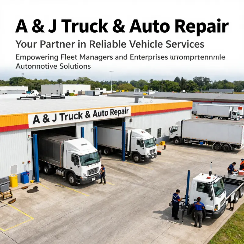 Panoramic view of A & J Truck & Auto Repair with active service bays and engaged mechanics.