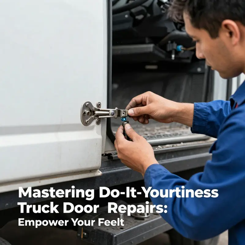 A fleet manager carefully assessing a truck door for potential damage prior to initiating repairs.