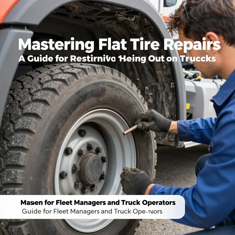 Mechanic assessing a flat tire on a heavy-duty truck for potential repairs.