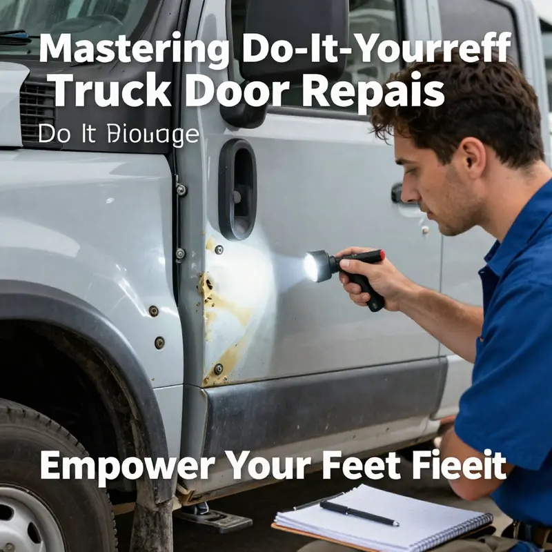 A fleet manager carefully assessing a truck door for potential damage prior to initiating repairs.