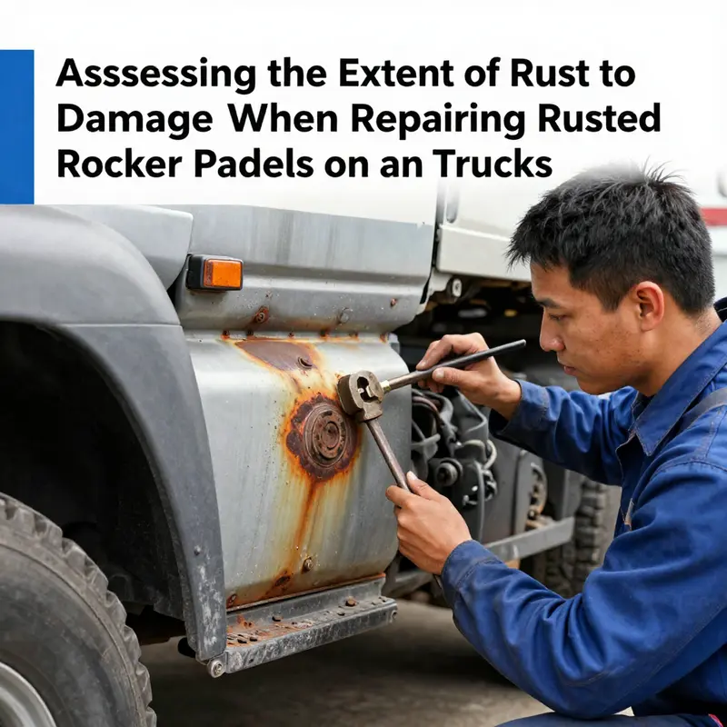 Inspecting rust damage on a truck’s rocker panel to determine repair needs.