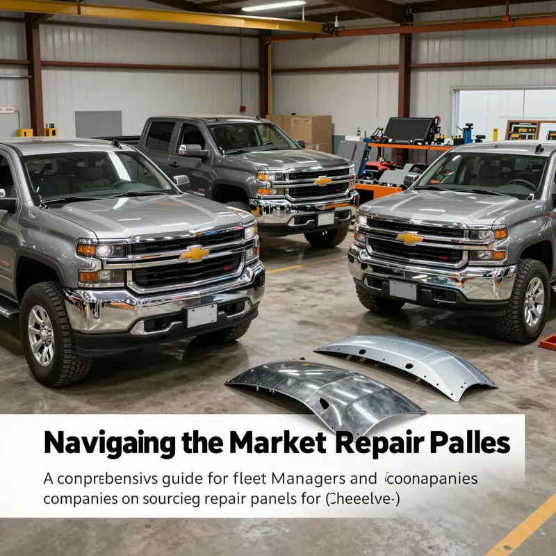 Mechanics working on Chevy trucks with repair panels in a busy workshop.