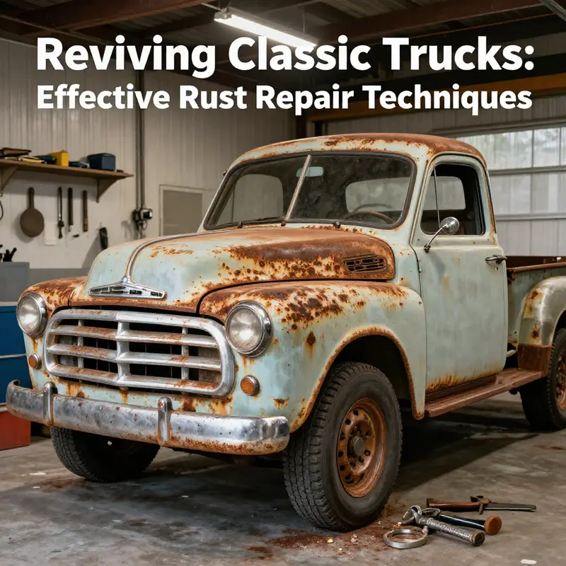 A classic truck in a garage being repaired, emphasizing rust repair techniques.