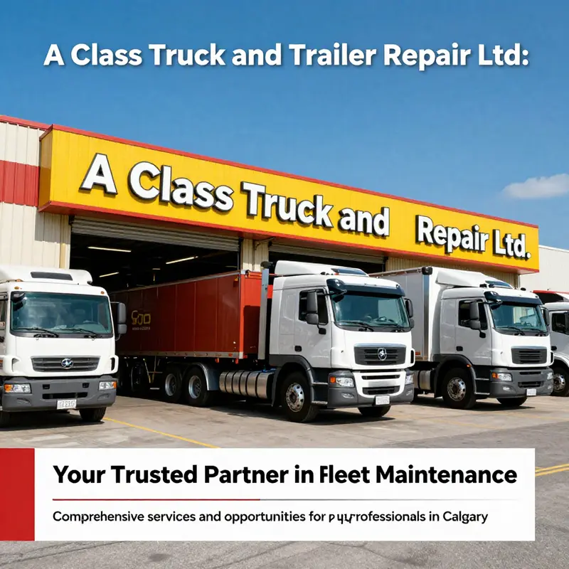 The exterior view of A Class Truck and Trailer Repair Ltd. displaying trucks being serviced, showcasing the repair facility's active engagement.