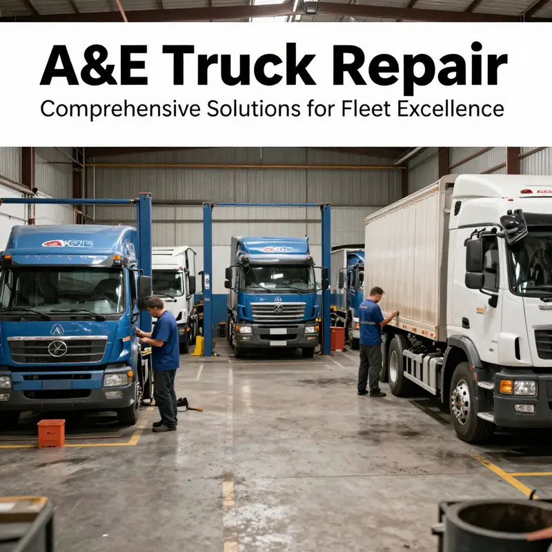 A vibrant truck repair workshop with active technicians servicing multiple vehicles, showcasing the essence of A&E Truck Repair.