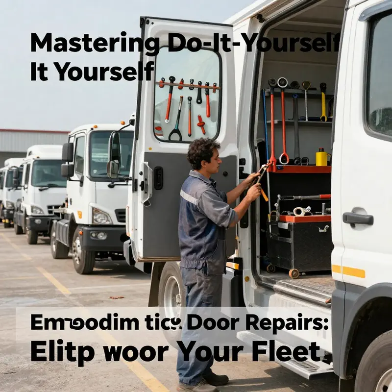A busy maintenance yard with technicians working on truck doors, emphasizing DIY repair skills.
