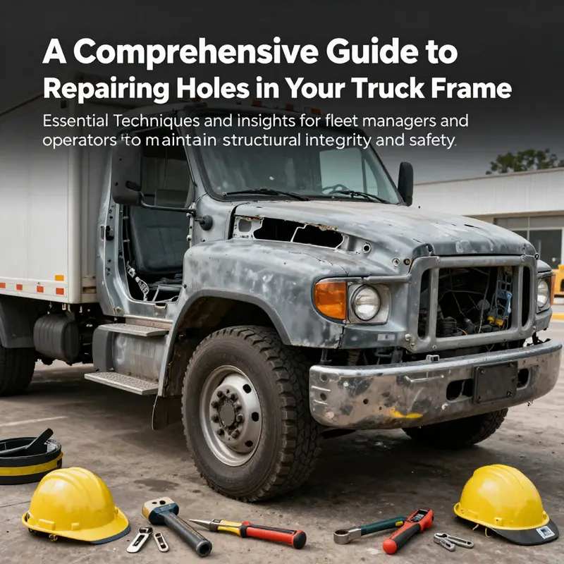 A truck showing a significant frame hole, surrounded by repair tools and safety equipment, highlighting the urgency for maintenance.