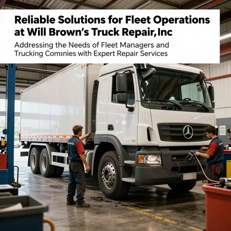 A truck being serviced in a busy garage with technicians working.