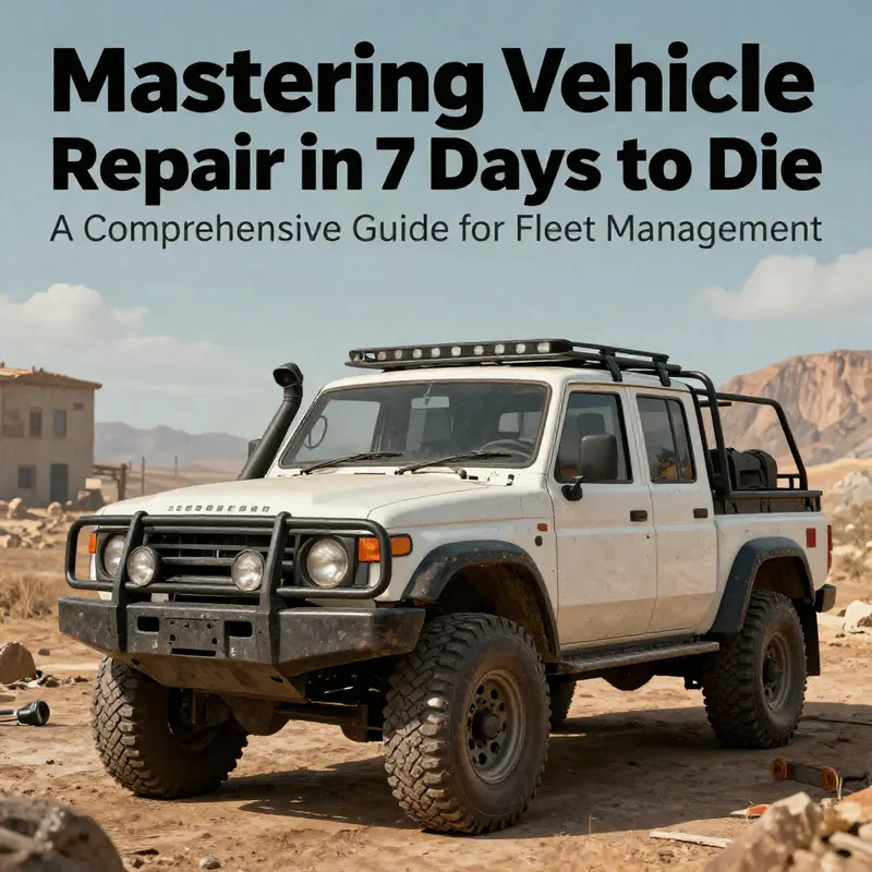 A truck undergoing repair in a desolate environment of 7 Days to Die, symbolizing the vehicle repair process.