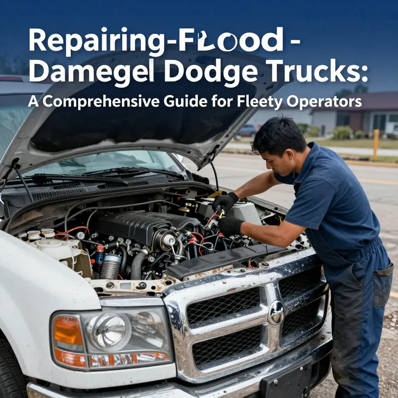 Mechanic conducting immediate inspection on a flood-damaged Dodge truck, focusing on preventive measures.