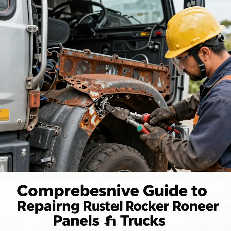 Inspecting rust damage on a truck’s rocker panel to determine repair needs.