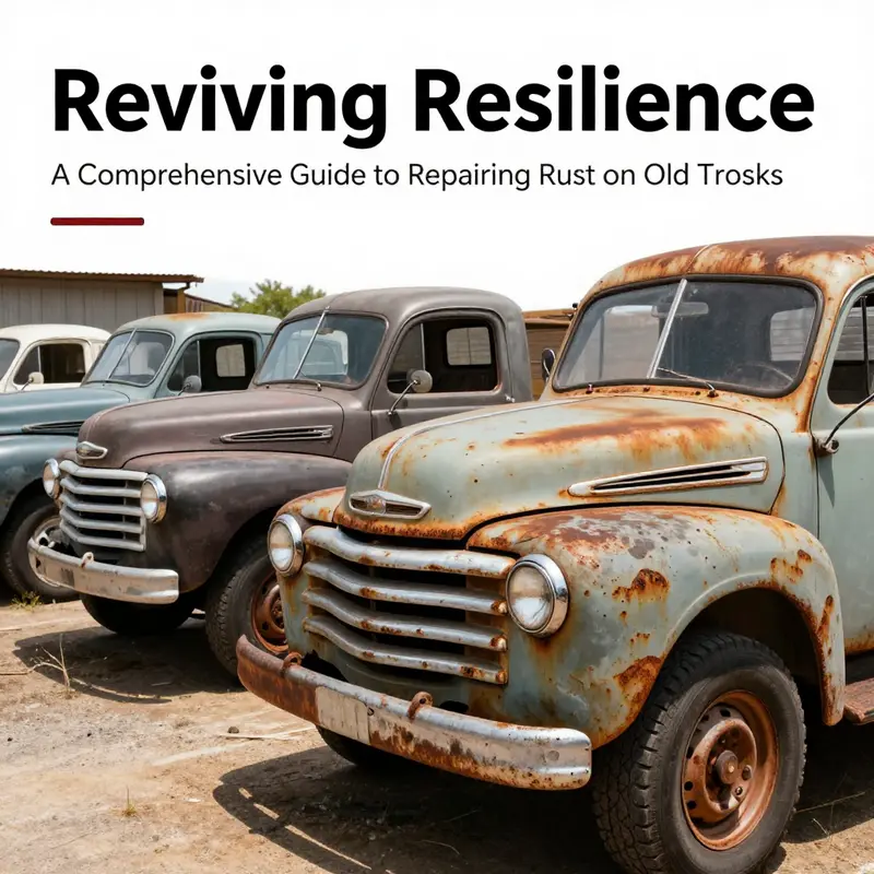 A lineup of old trucks that have been effectively repaired for rust, parked in an organized fleet yard.