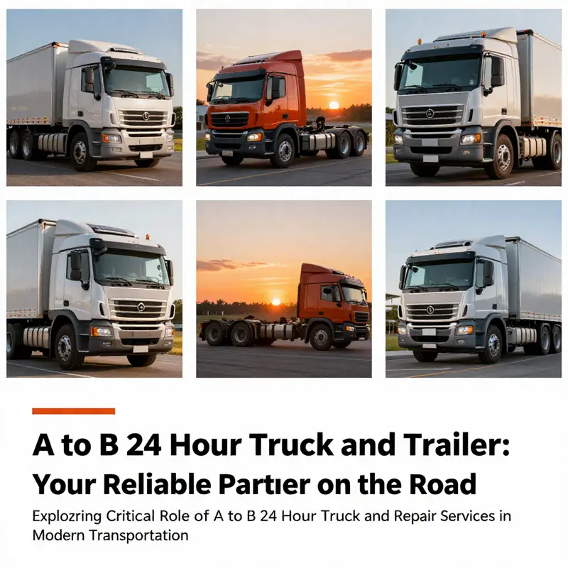 Collage of various trucks undergoing repairs at sunset, symbolizing continuous support.