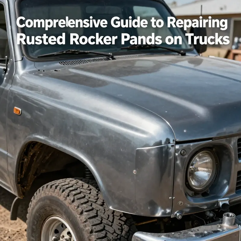 Inspecting rust damage on a truck’s rocker panel to determine repair needs.