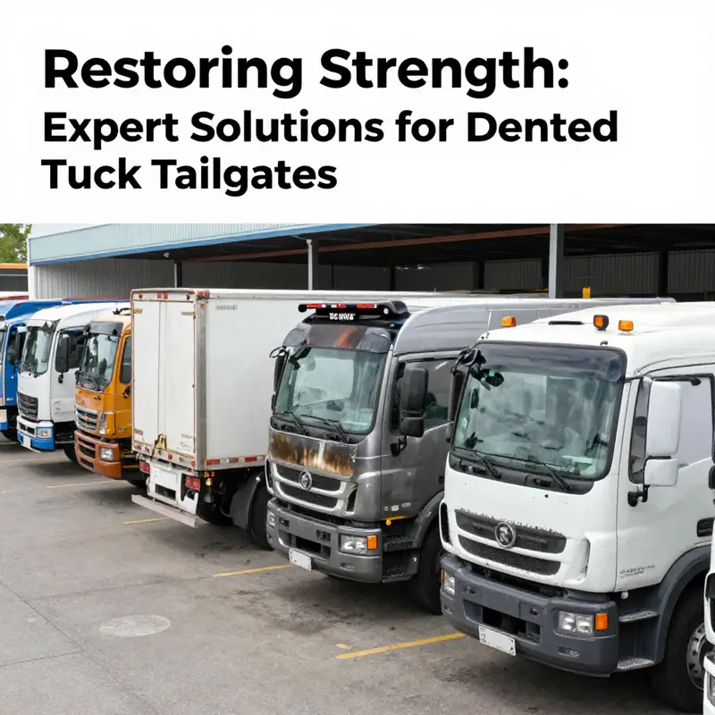 Commercial trucks arranged in a maintenance area, displaying various states of repair.