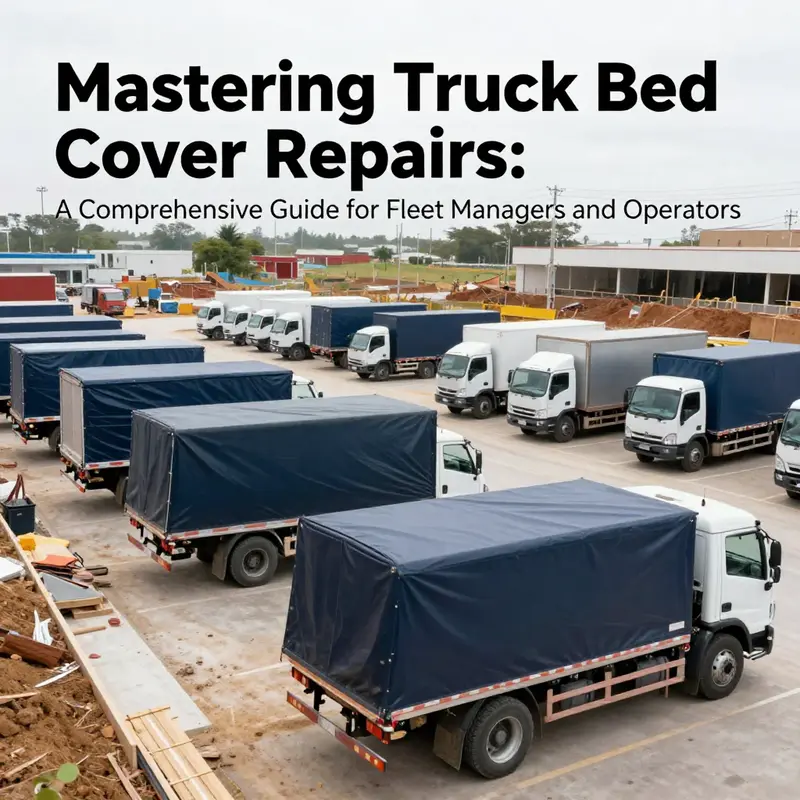 A panoramic view of multiple trucks in a construction setting, highlighting the importance of truck bed covers in fleet operations.