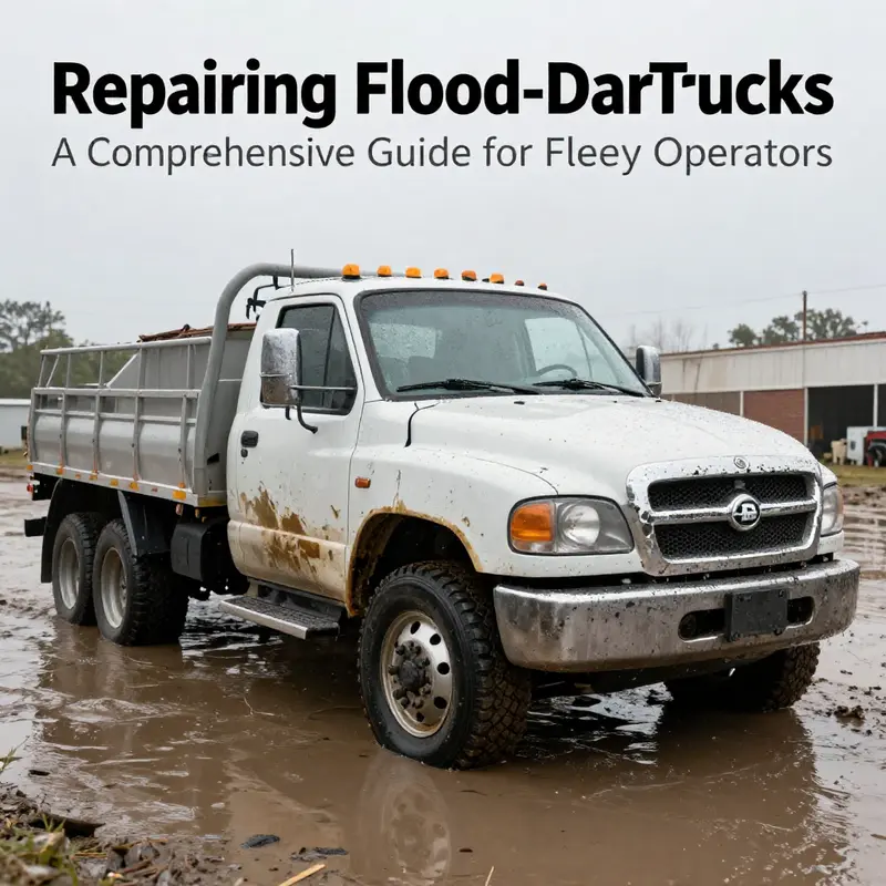A flood-damaged Dodge truck surrounded by tools and equipment in a repair shop, symbolizing the recovery process.