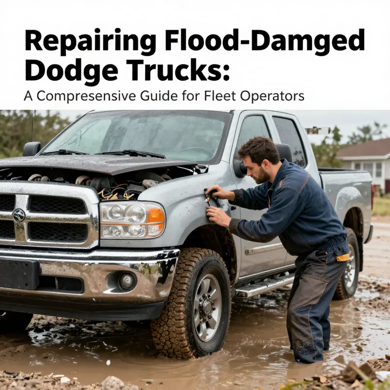 Mechanic conducting immediate inspection on a flood-damaged Dodge truck, focusing on preventive measures.