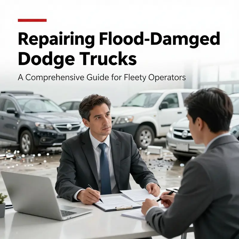 Mechanic conducting immediate inspection on a flood-damaged Dodge truck, focusing on preventive measures.