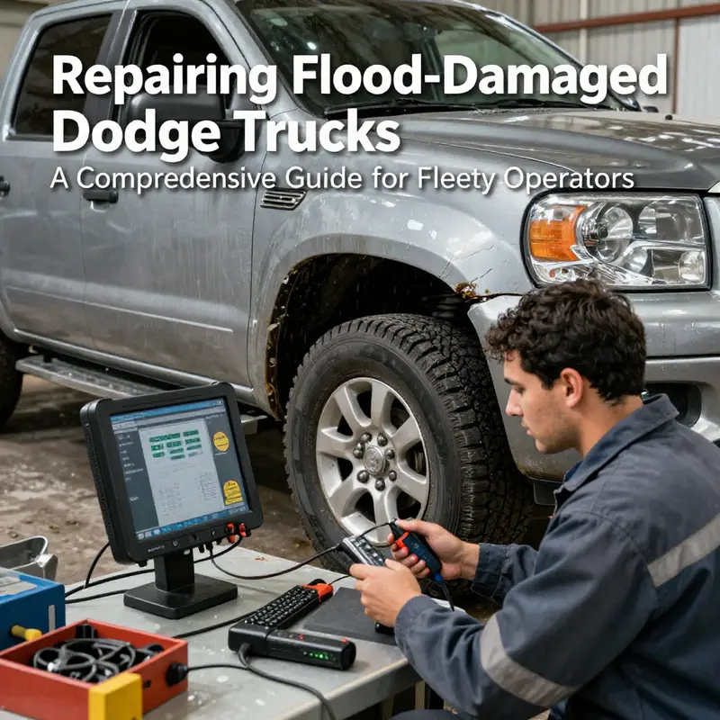 Mechanic conducting immediate inspection on a flood-damaged Dodge truck, focusing on preventive measures.