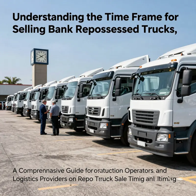 A line of repossessed trucks at an auction yard with officials and a large clock in the background, illustrating sale timing.