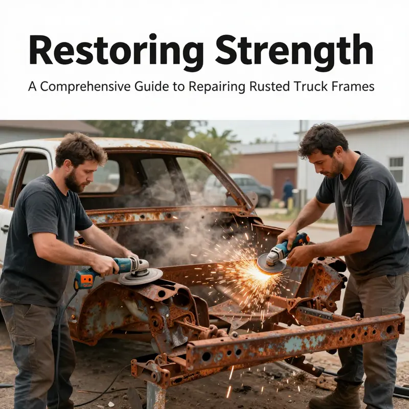 Inspecting a rusted truck frame for structural weaknesses and evaluating the extent of damage.