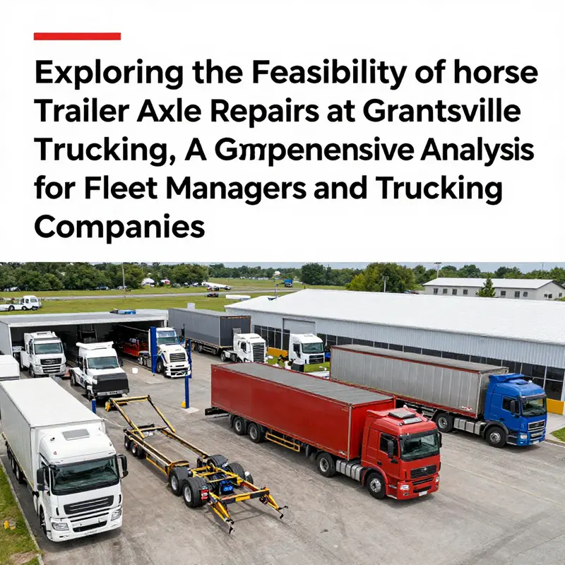Panoramic view showcasing a busy truck repair facility with multiple trailers including horse trailers in need of repair.