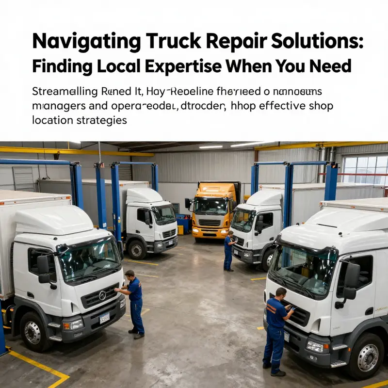 A bustling truck repair shop with mechanics servicing trucks, depicting a scene of professional vehicle maintenance.