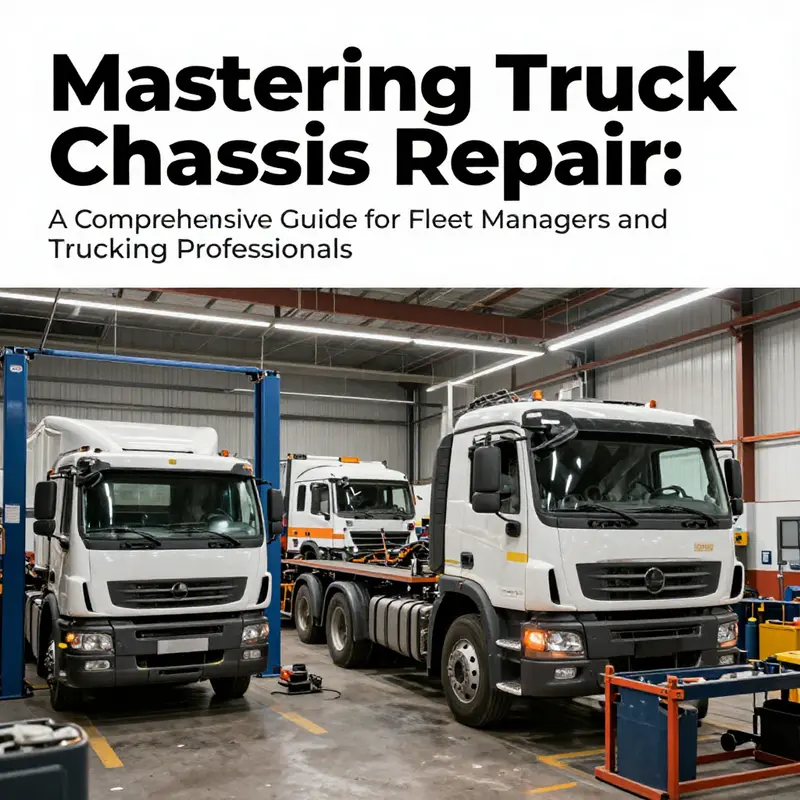 A comprehensive view of a truck repair workshop with workers engaged in various maintenance tasks.