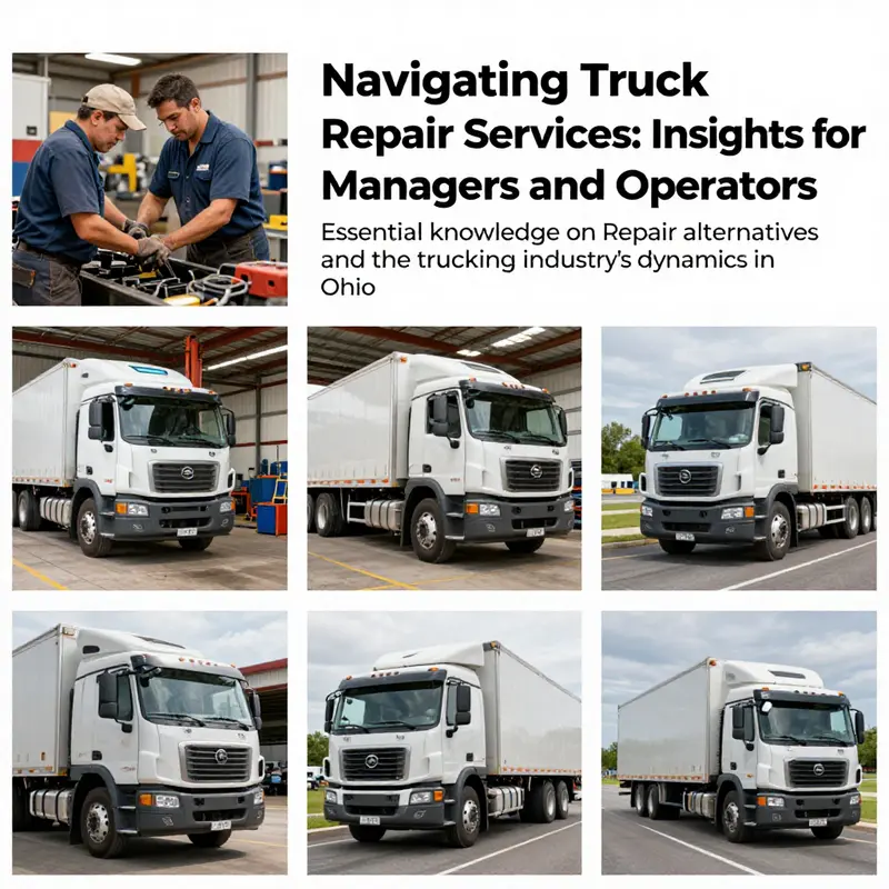 A collage showcasing mechanics repairing trucks in a shop and trucks on the road, representing the truck repair landscape.