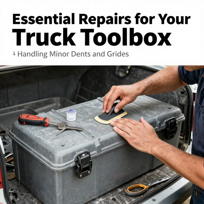 Repairing minor dents and scratches on a truck toolbox.