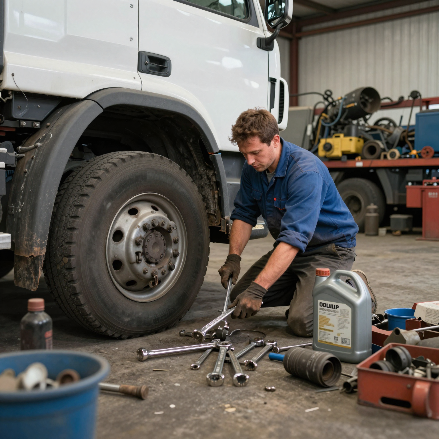 Mechanic working on a truck, showcasing tools used in truck repair